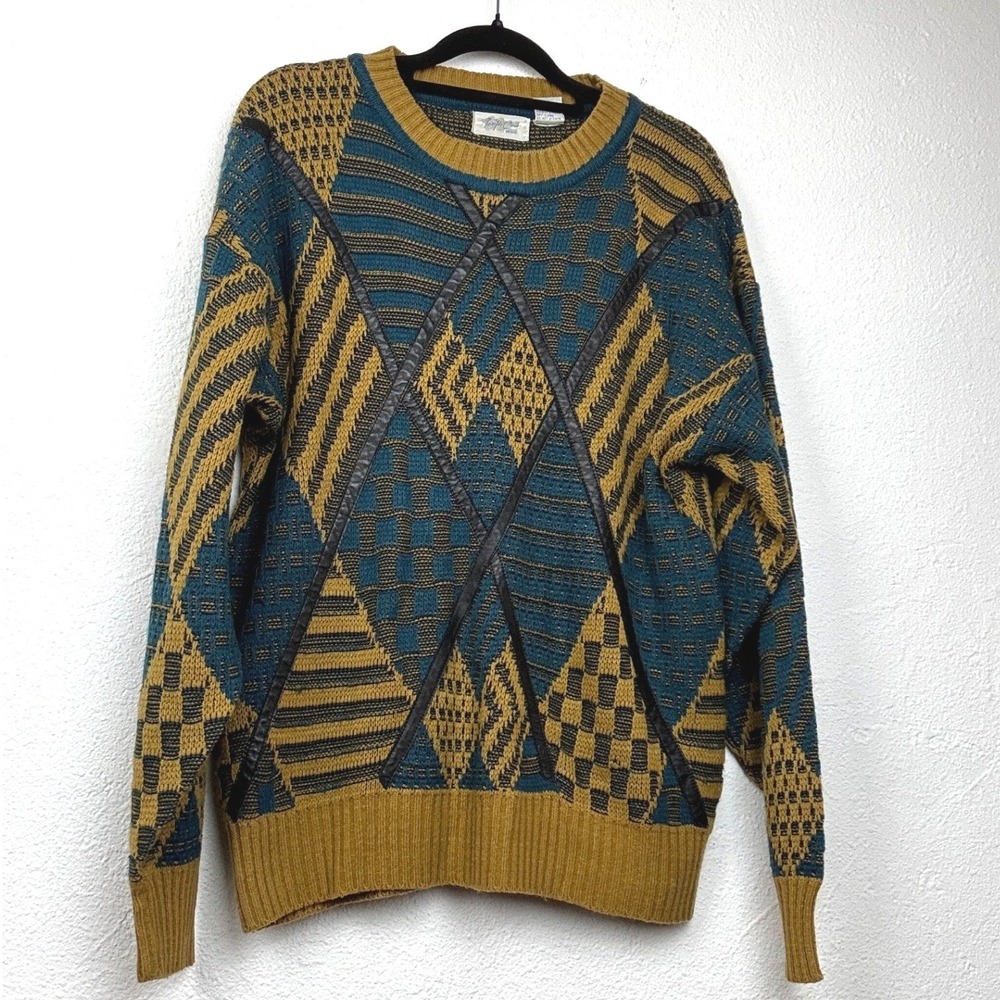 Pacific Club Yellow Geometric Sweater - M - Leather Trim Vintage Grandpa Core